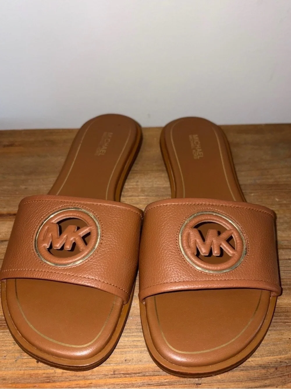 Michael Kors Cognac Brown Leather Logo Slide Sandals